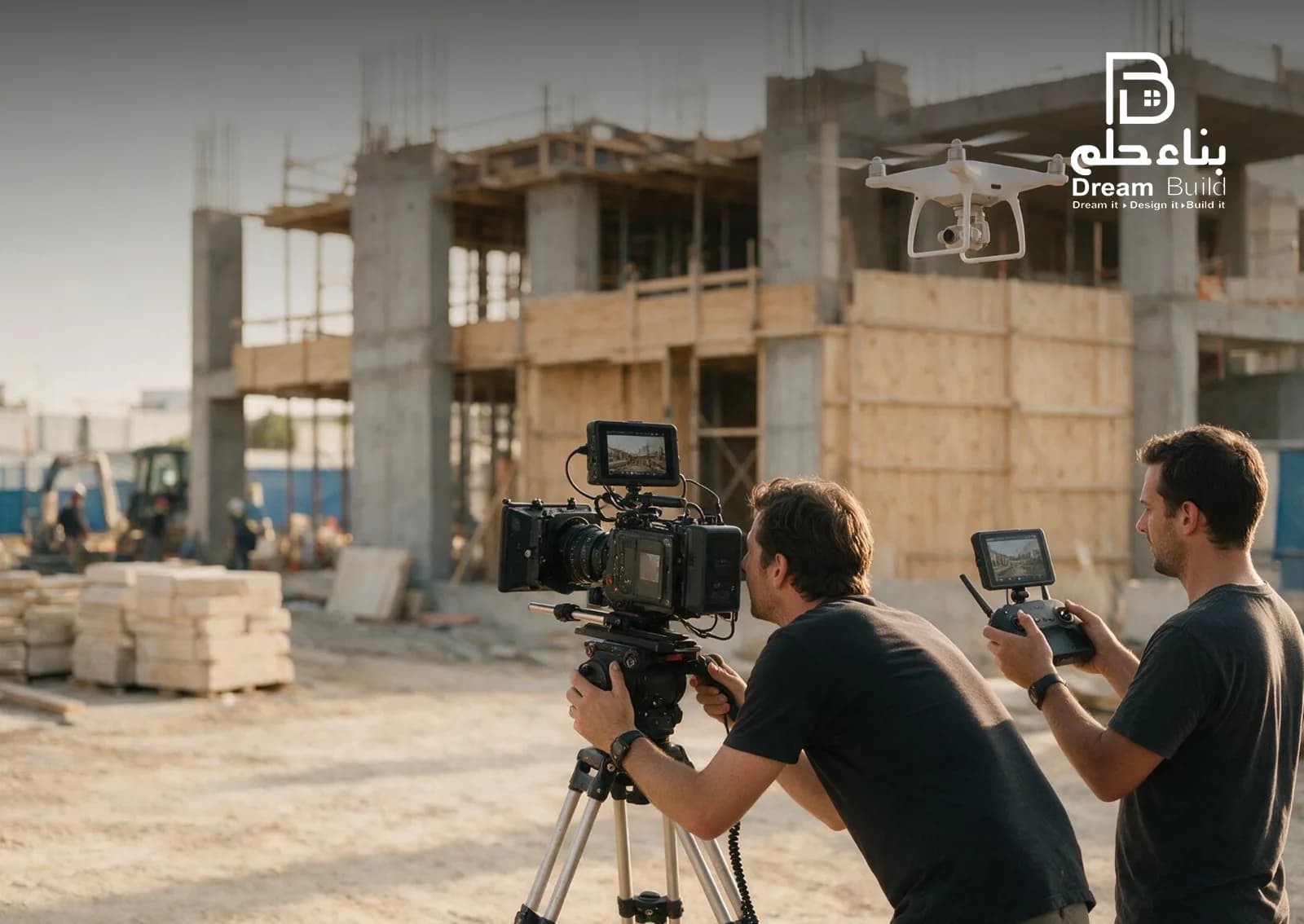 A camera operator and a drone pilot filming a building under construction