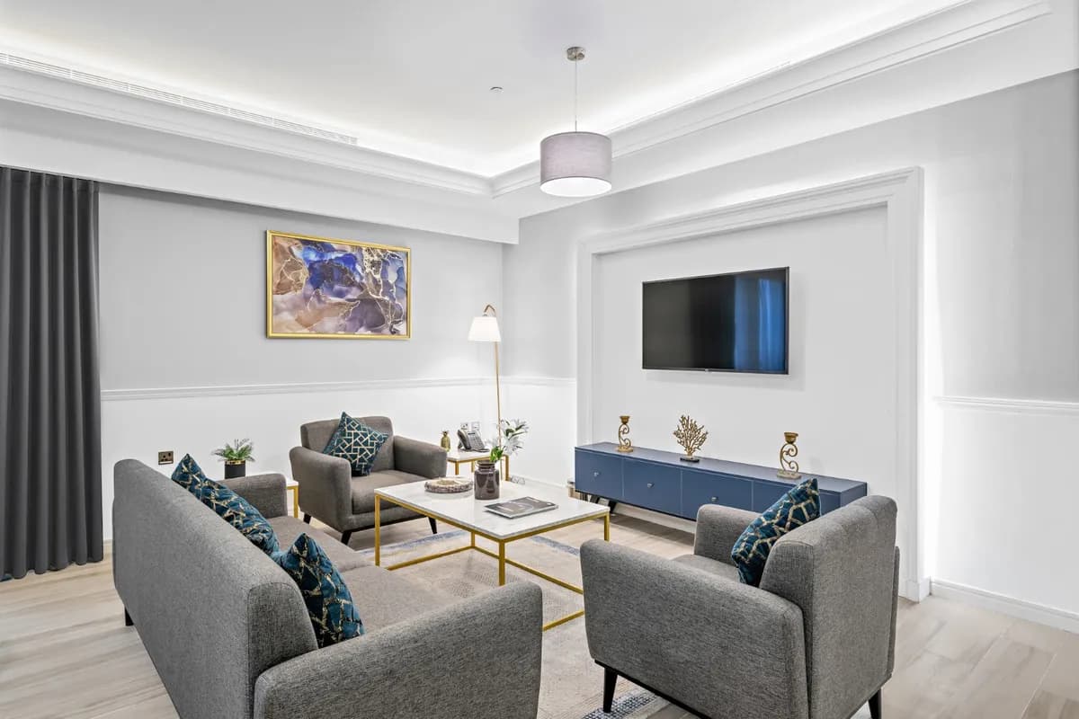 A lounge in the Rotana Residences