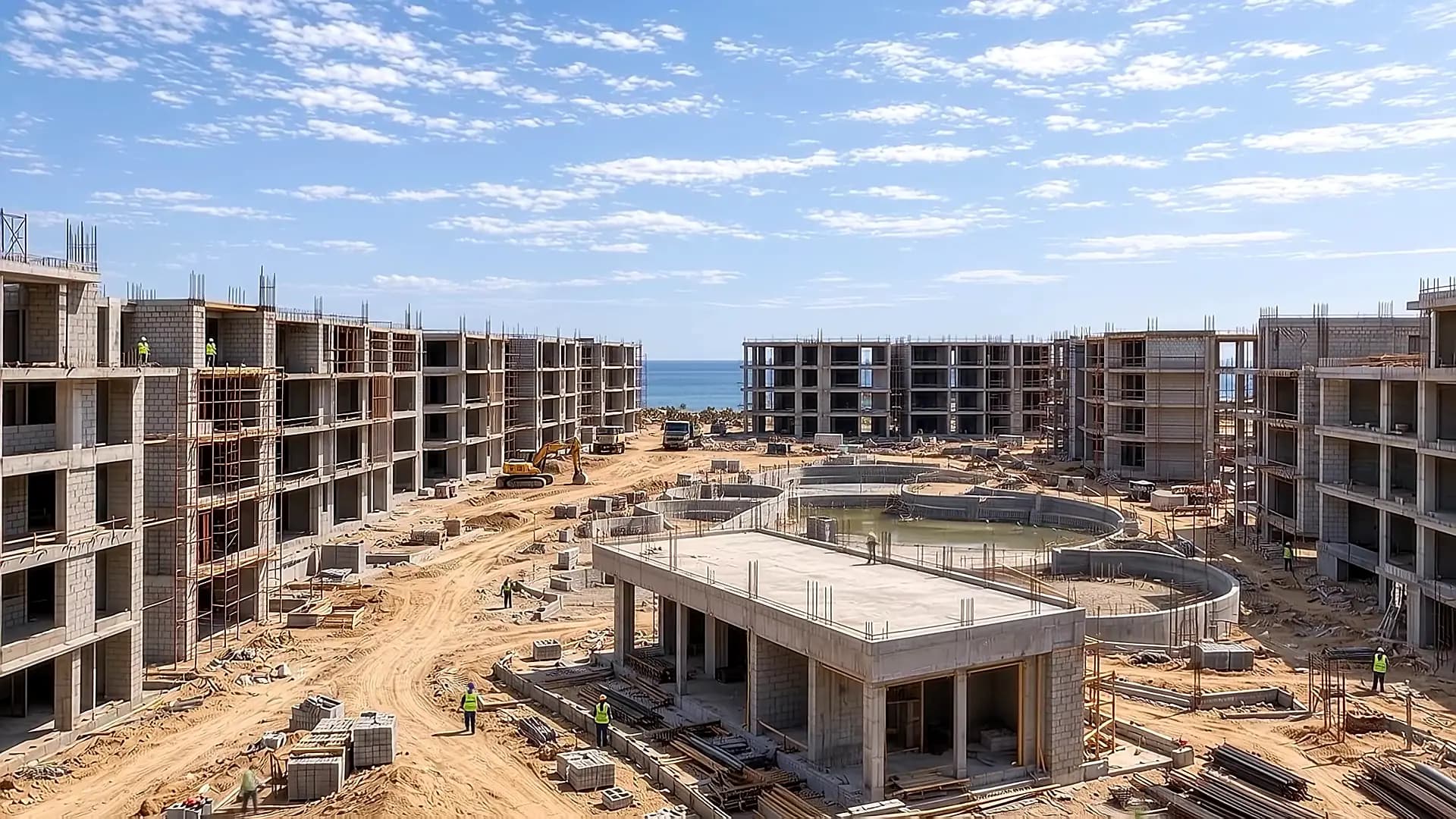 Reinforced concrete frames rising on a coastal construction site
